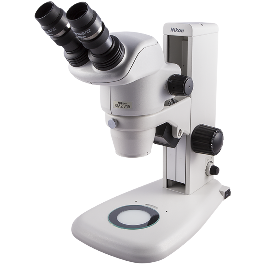 Nikon Stereomikroskop SMZ745, binokular, Vergrößerung 6,7-50x, mit Auf-/Durchlichtstativ C-LEDS