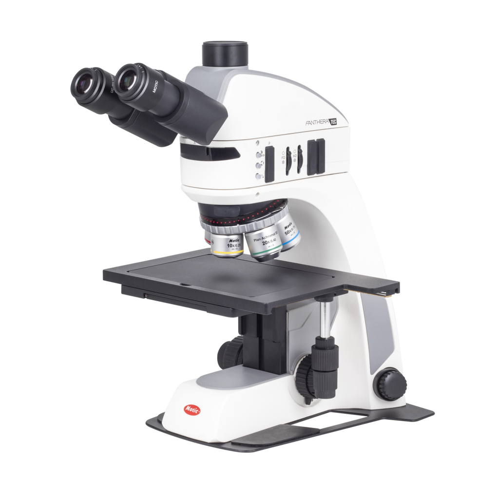 Motic PANTHERA TEC MAT BD reflected-light microscope, brightfield/darkfield, LED reflected illumination, 150x100 mm mechanical stage, simple polarization, magnifications of 50x, 100x, 200x, and 500x, and MMK-Snap 5 camera